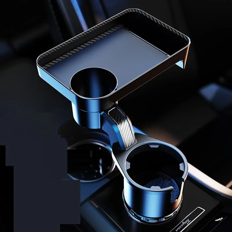Black car-mounted rotating dinner tray holder showing 360-degree rotation mechanism