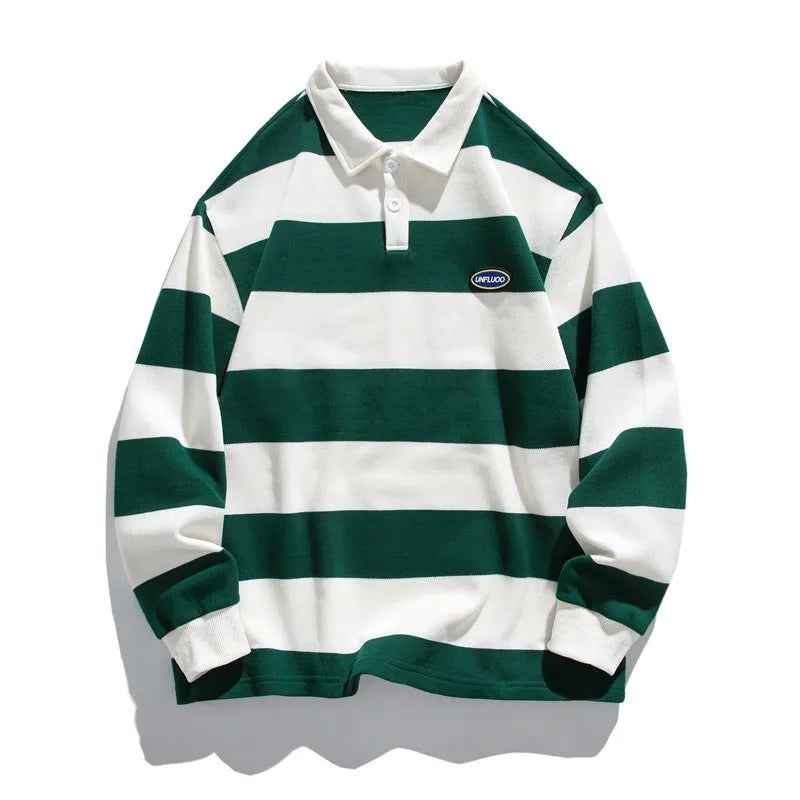 Hong Kong style pearl cotton polo shirt with lapel collar in loose fit, available in coffee, blue or green.