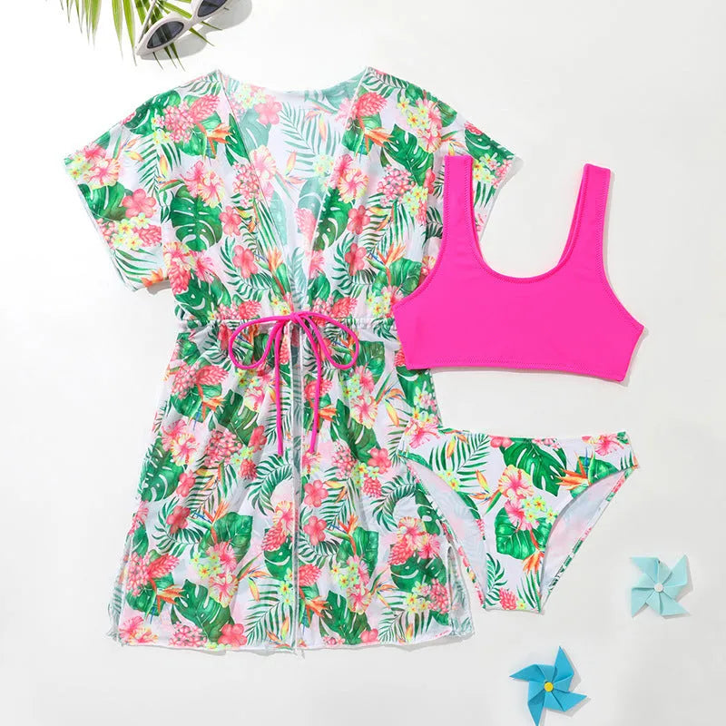 Girls' two-piece swimsuit set with split overclothes in floral print, sizes 130-160cm