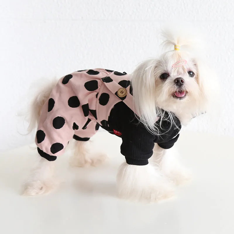 Dog wearing lapel shoulder strap couple outfit with owner, available in four-legged and skirt styles