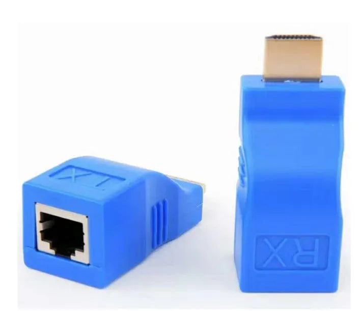 HDMI extender transmitter and receiver kit for extending 1080p signals up to 30m using Cat-6 cable.