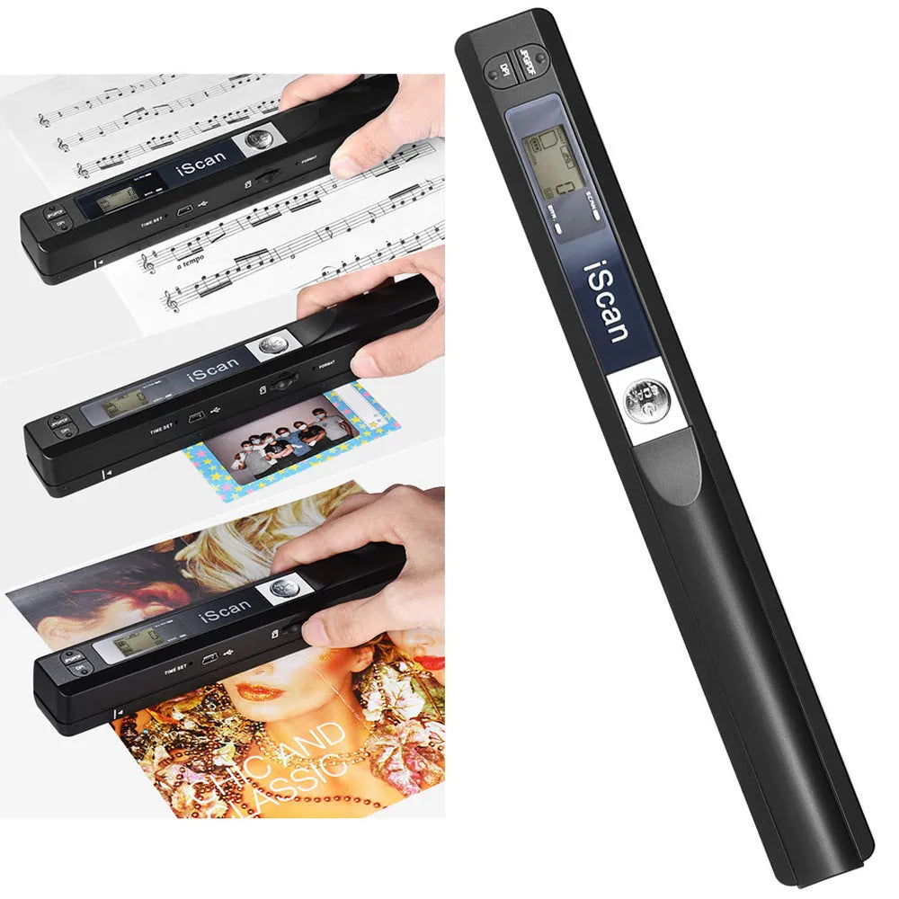 Handheld plastic scanner shown in available colours: black, blue, green, red, and silver.