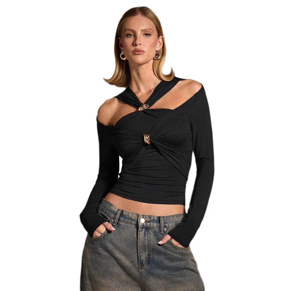 Black women's halter top with slim fit, 40cm length, and long sleeves