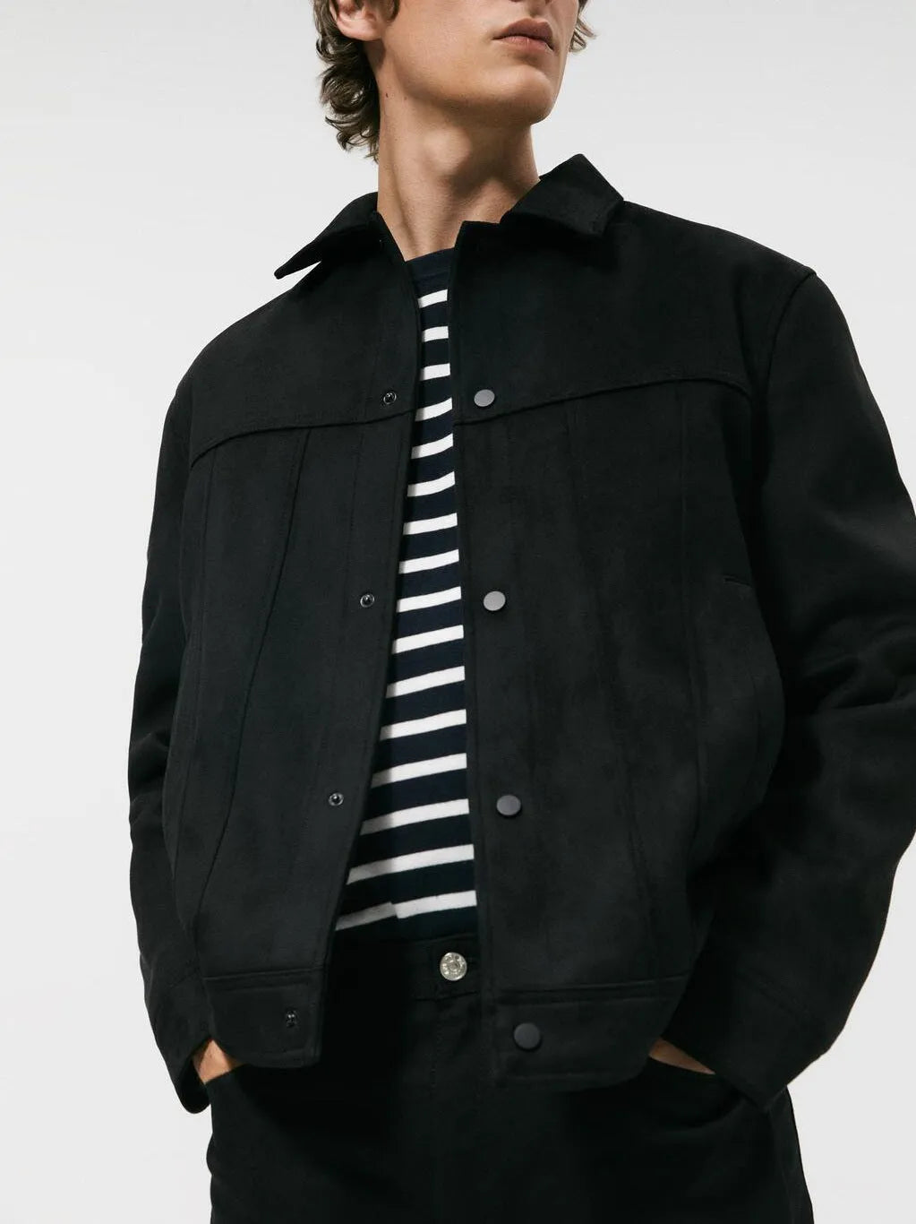 Black men's hooded jacket with cotton blend fabric and side pockets in regular length