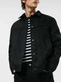 Black men's hooded jacket with cotton blend fabric and side pockets in regular length