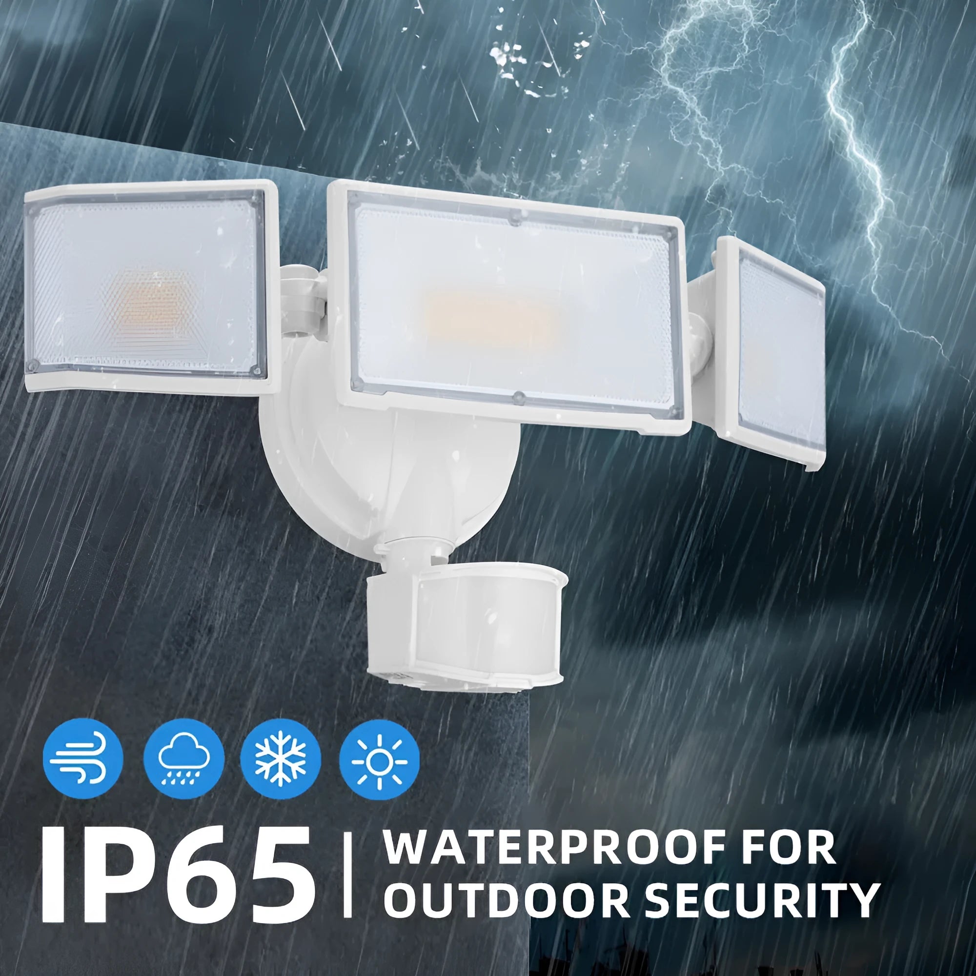 White LED security flood light with motion sensor for wall mounting, showing wide-angle detection.