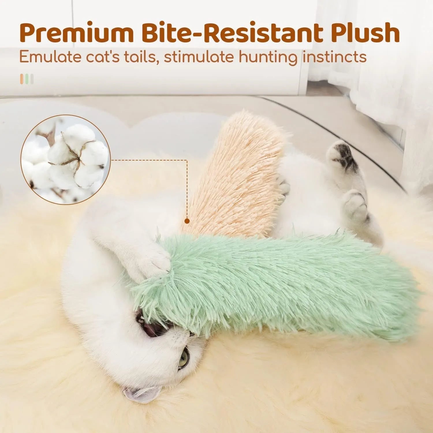 Plush cat toy pillow in blue, green, pink, or white colours, measuring 27cm by 10cm.
