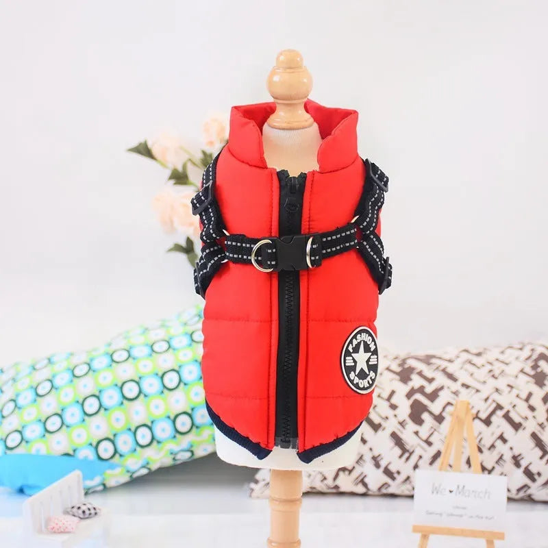 Waterproof dog winter coat with harness opening in rain silk fabric