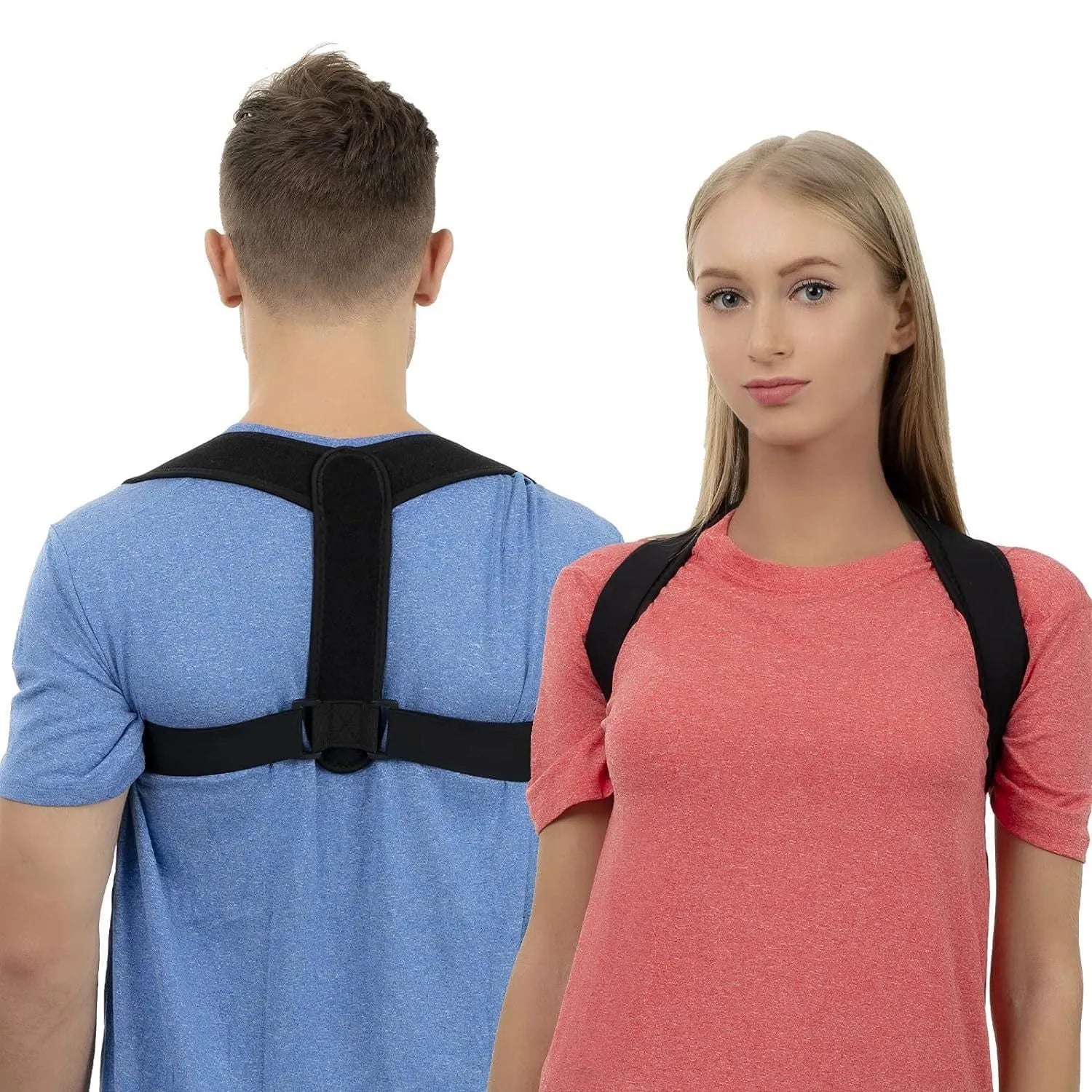 Black elastic adjustable posture correction strap laid flat on a white background.