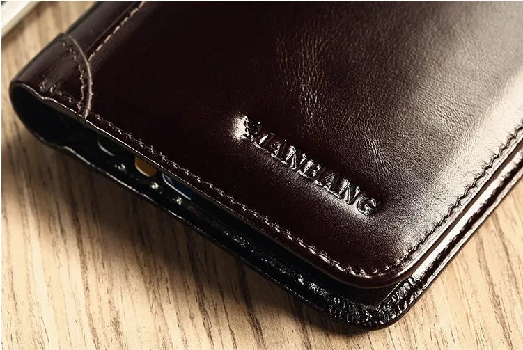 Men's leather wallet open showing photo window, card slots, coin pocket, and banknote compartment.