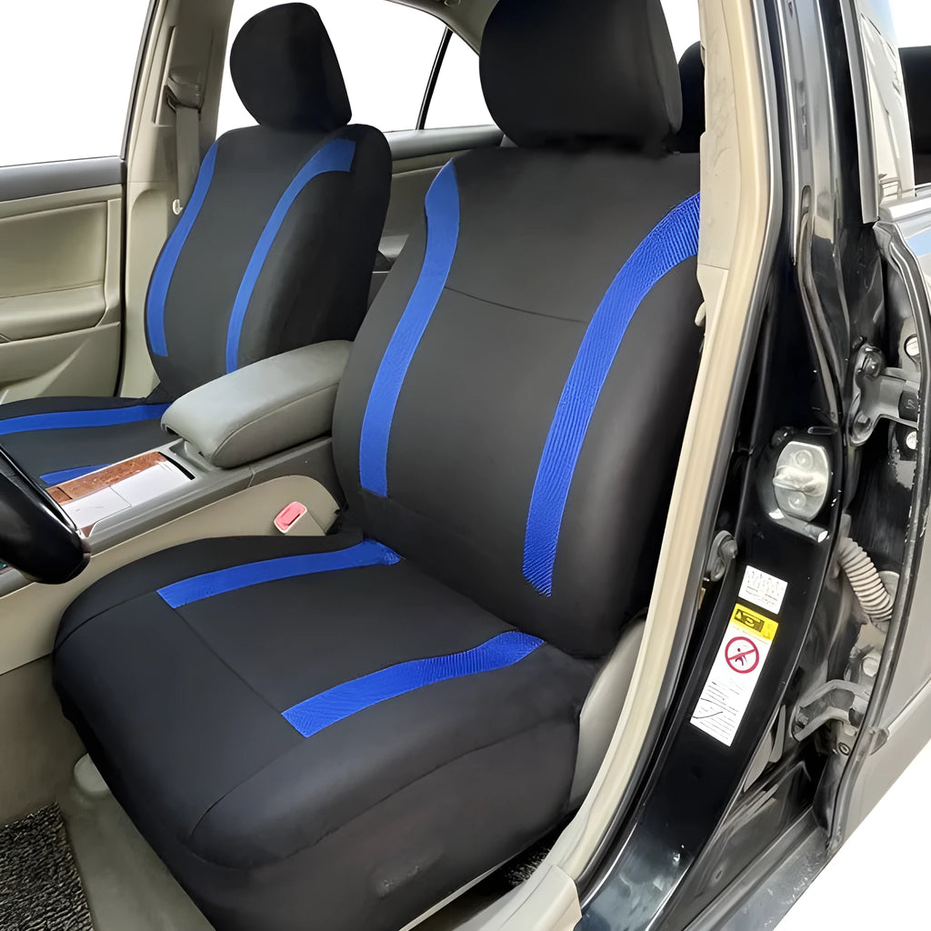 Universal polyester car seat cover set in blue showing headrest and seat panels with eyelet stitching.