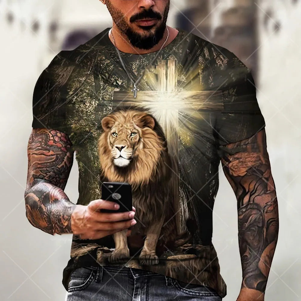 Men's 3D printed Jesus pattern T-shirt in bird eye cloth polyester with short sleeves