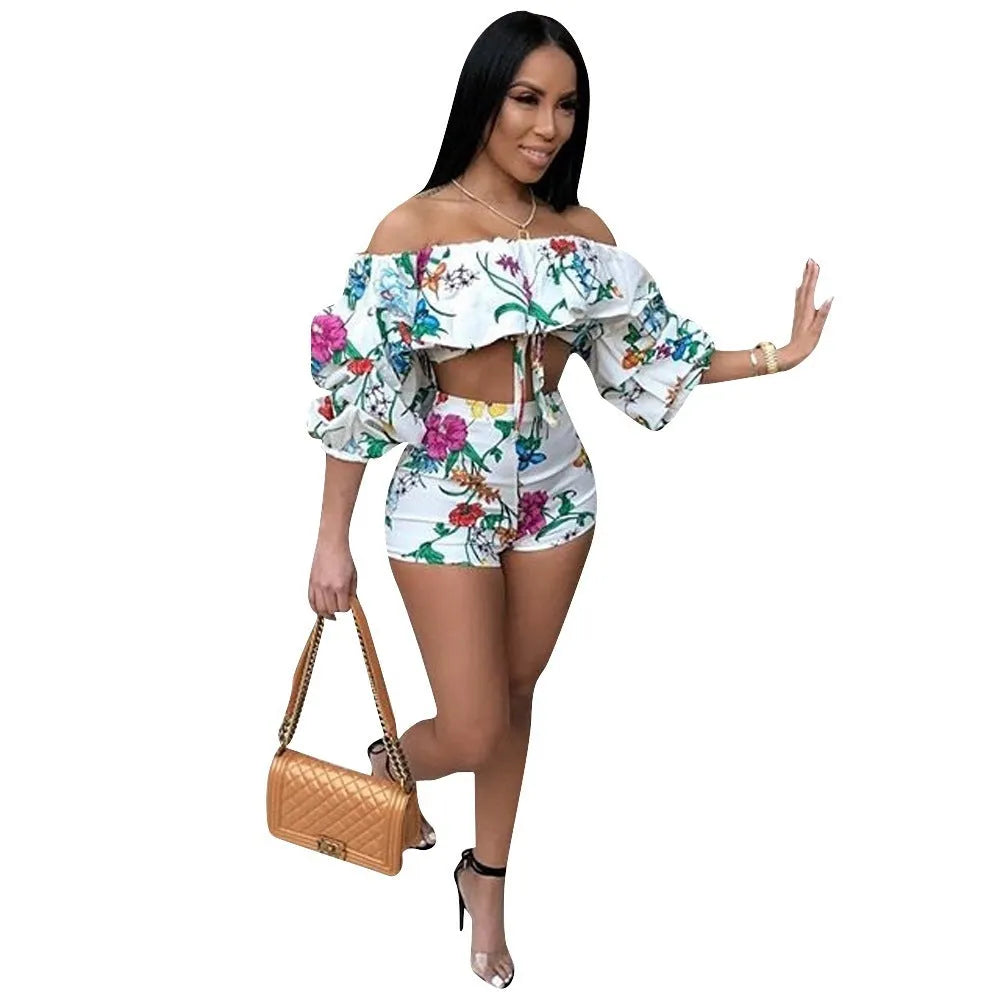 Women's multicolour digital print two-piece suit with pile sleeves on short top and coordinating shorts