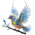 Square acrylic bird pendant ornament with UV printed cartoon design, shown in 15cm and 20cm sizes.