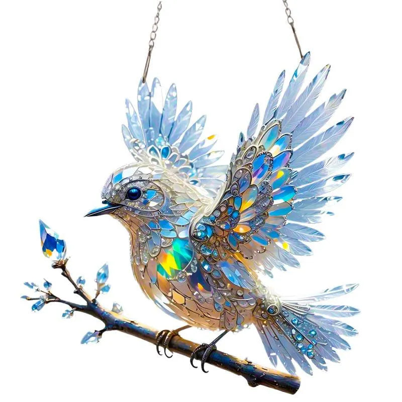 Square acrylic bird pendant ornament with UV printed cartoon design, shown in 15cm and 20cm sizes.