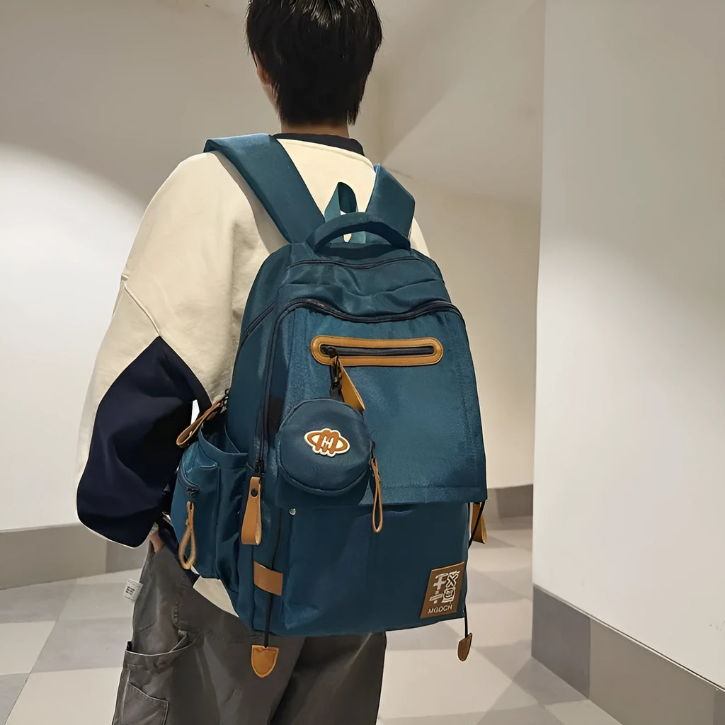 Large capacity nylon school backpack for middle school students in street trend style with curved shoulder straps