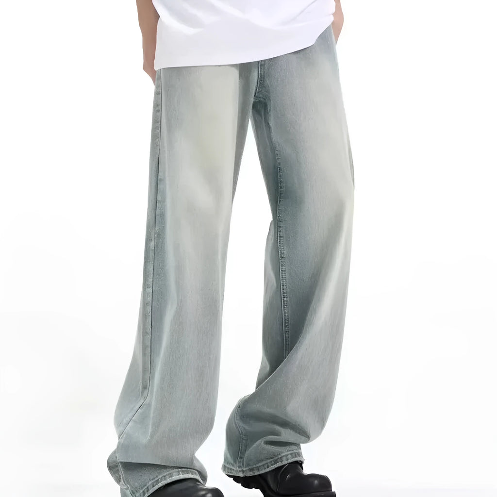 Blue loose-fit retro casual trousers with an elasticated waistband on a mannequin.