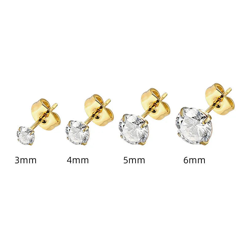 Square geometric stud earrings with a round zircon stone in stainless steel, shown in gold tone and steel colour finishes.
