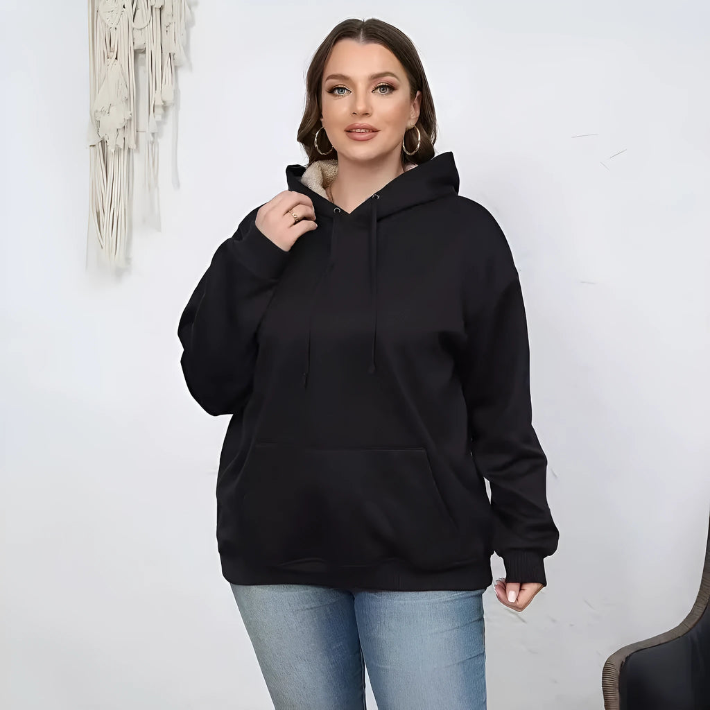 Women's loose-fitting hooded sweater with front pockets in thick polyester fabric