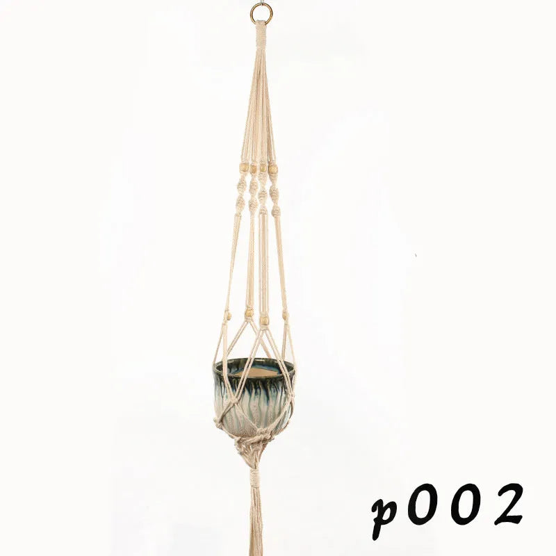 Woven wire planter basket in cotton rope, shown in desktop and wall hanging styles.