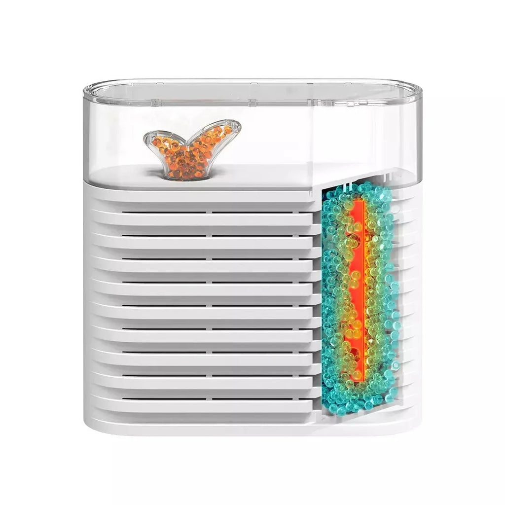 White recyclable cabinet dehumidifier box with clear top showing colour-changing silica gel beads.