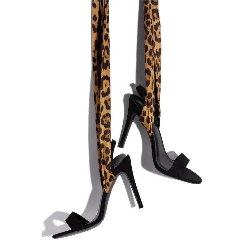 Light brown leopard print women's high heels with cross straps and fine Roman heels