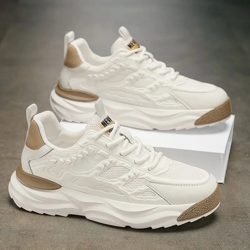 Men's white and black breathable mesh shoes with round toe design available in sizes 39-44