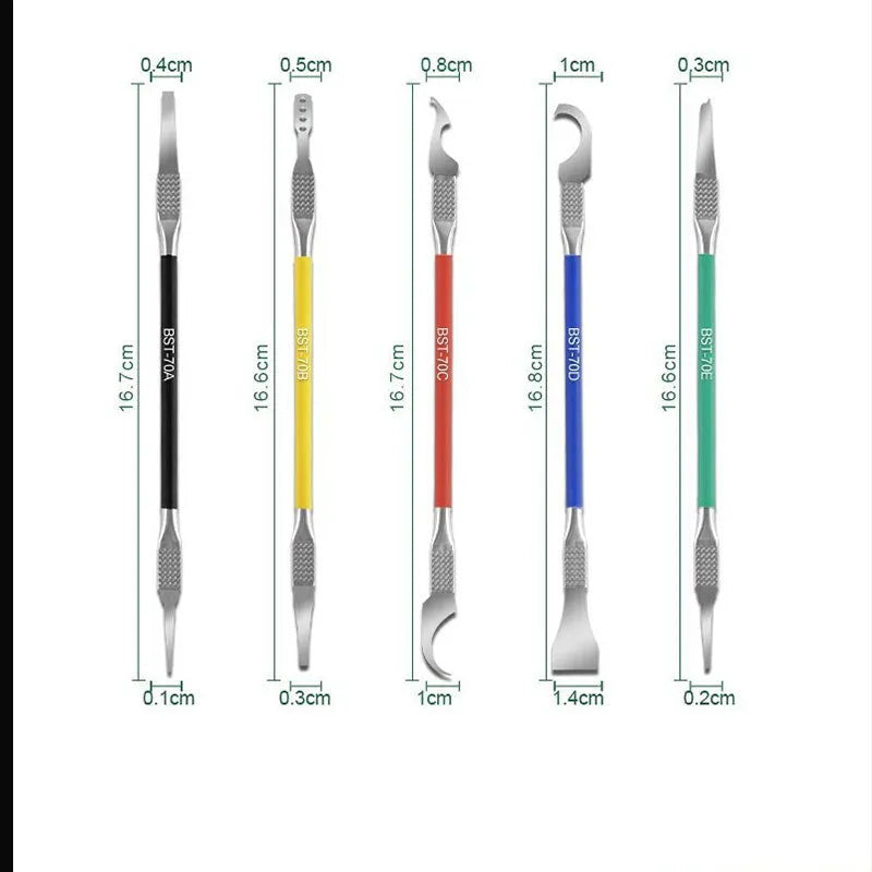 Five stainless steel plastic removal pry tools for electronics disassembly on a work surface.