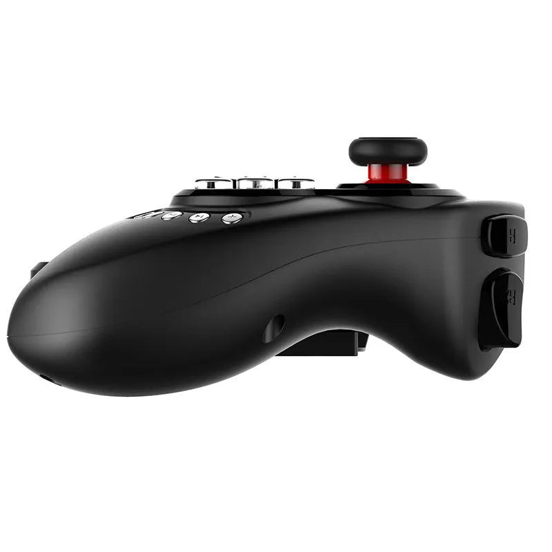 PG-9023 wireless telescopic game controller attached to a smartphone showing its size and button layout.
