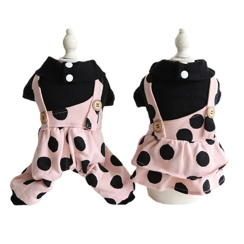 Dog wearing lapel shoulder strap couple outfit with owner, available in four-legged and skirt styles