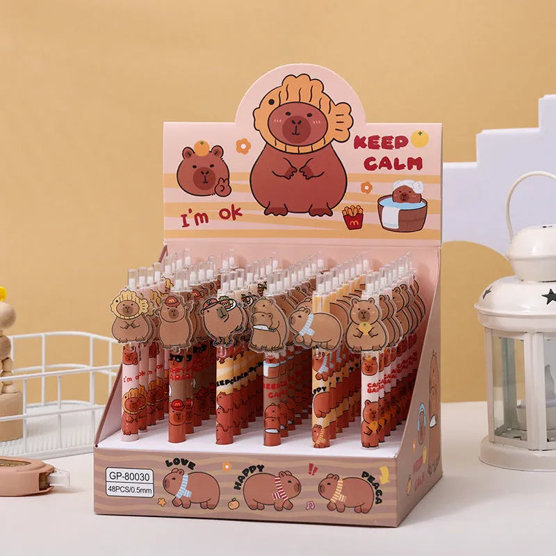 Cartoon bear design gel pen 48-pack with plastic shells and carbon black ink refills in storage box
