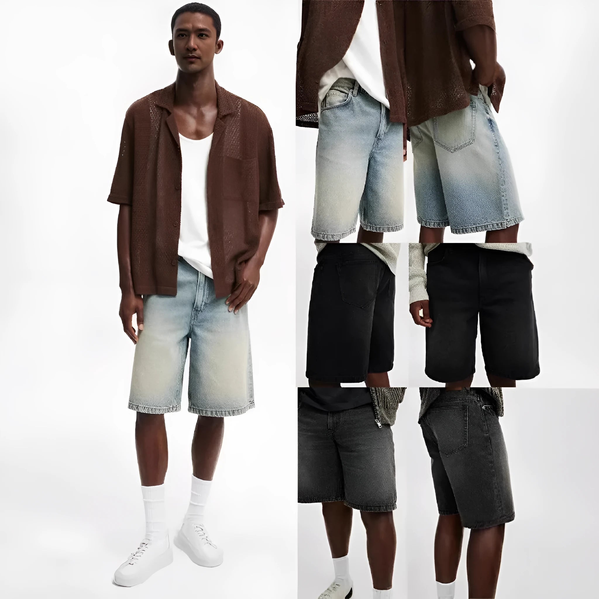 Men's loose fit straight leg jeans in light blue, black and grey cotton denim