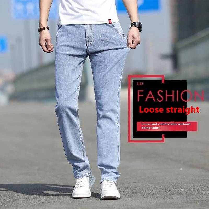 Men's smoky gray straight leg jeans with high elasticity rabbit fur fabric on low waist mannequin