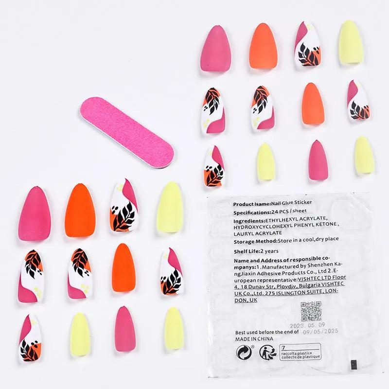 Four boxes of Armour brand frosted nail stickers showing almond-shaped designs in French leaves, leopard print, macaron, and plating patterns.
