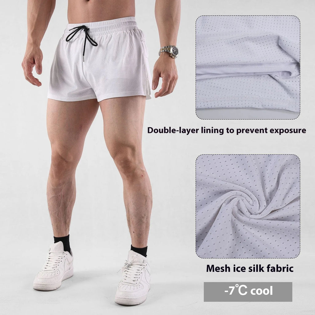Men's black and white nylon shorts with a mid-waist design for summer sports.