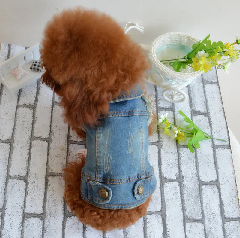Retro scratch pattern denim dog vest in dark and light colours for autumn winter pet clothing