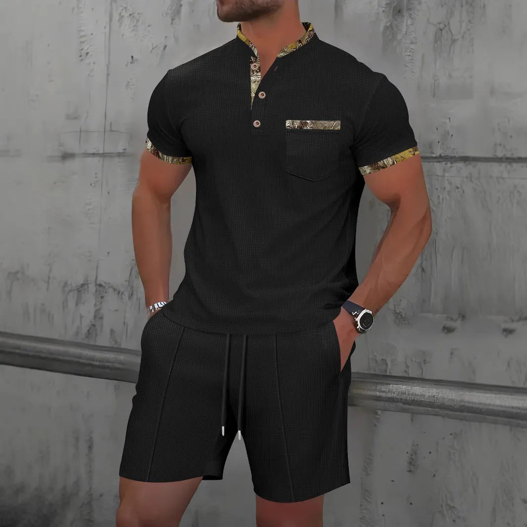 Men's short sleeve waffle polo suit set in solid colour with matching shorts for summer leisure