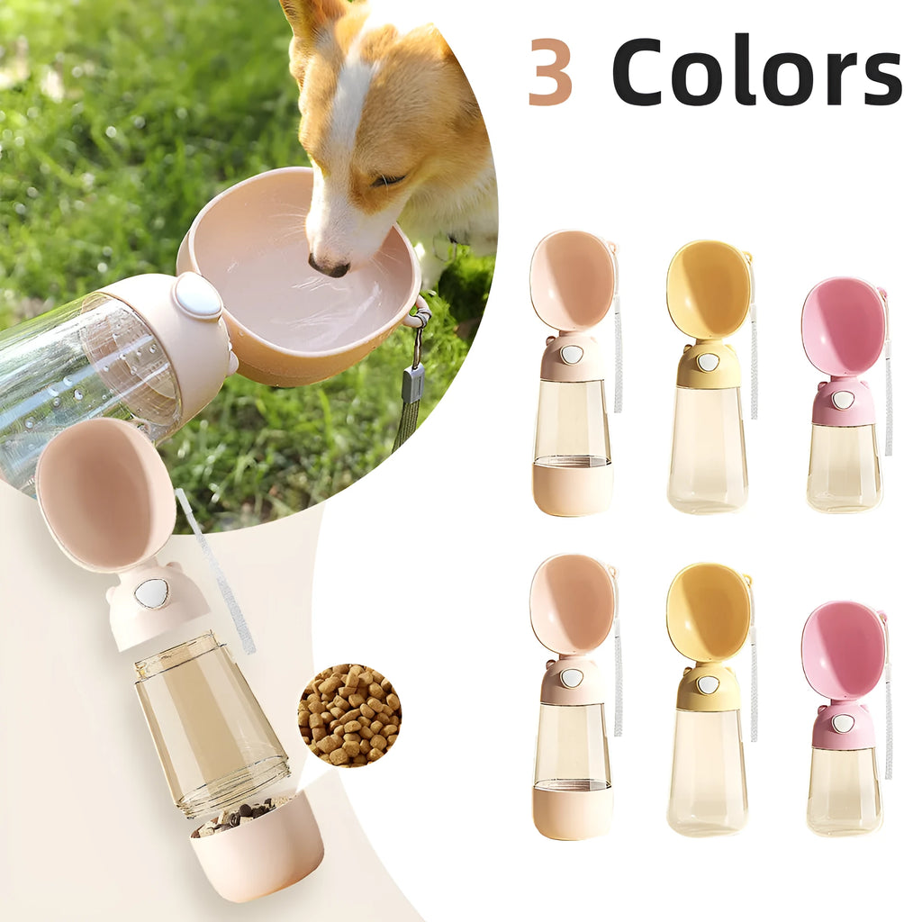Portable dog water bottle feeder with food compartment in brown colour for outdoor walks