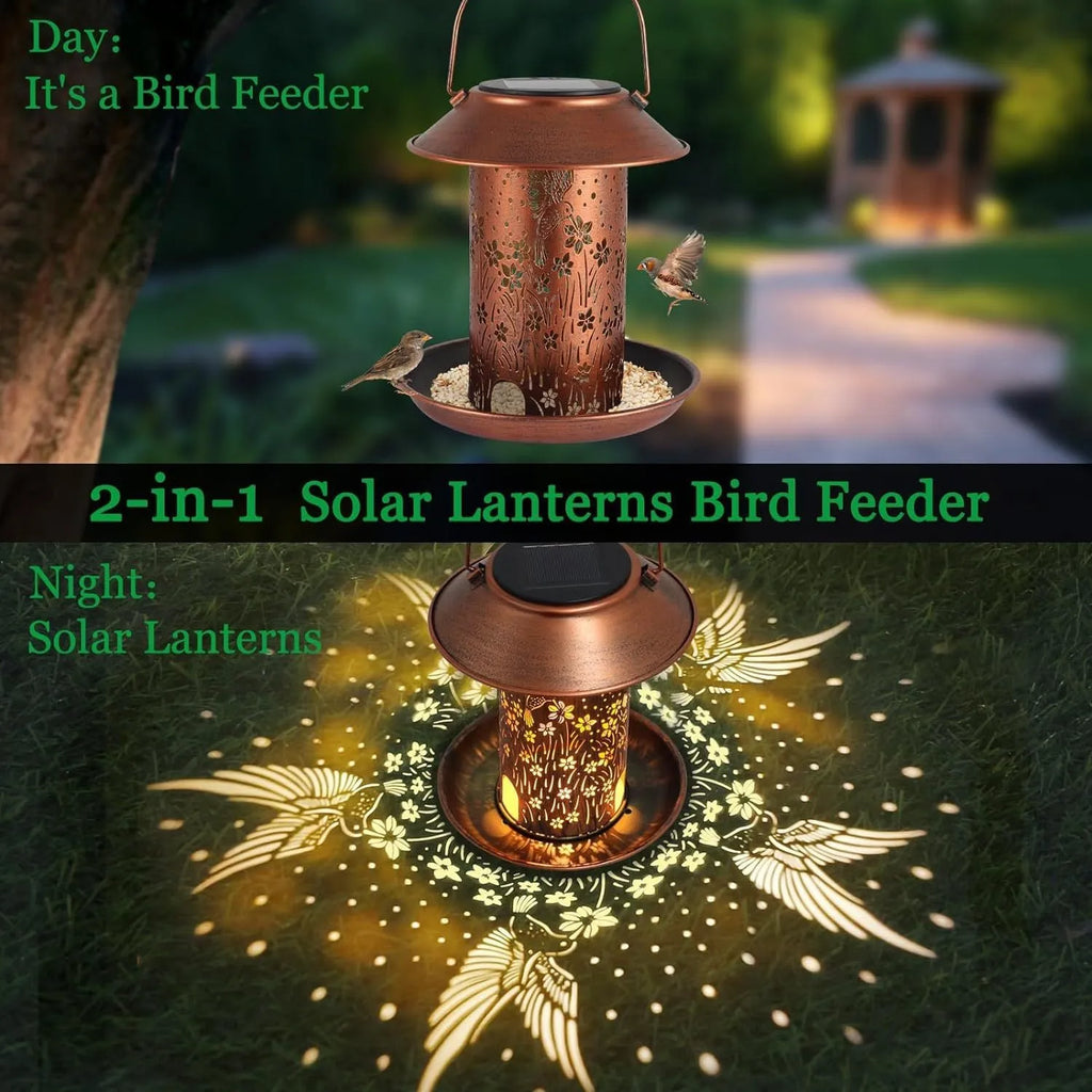 Solar-powered iron bird feeder garden light with hummingbird pattern and waterproof IP65 rating