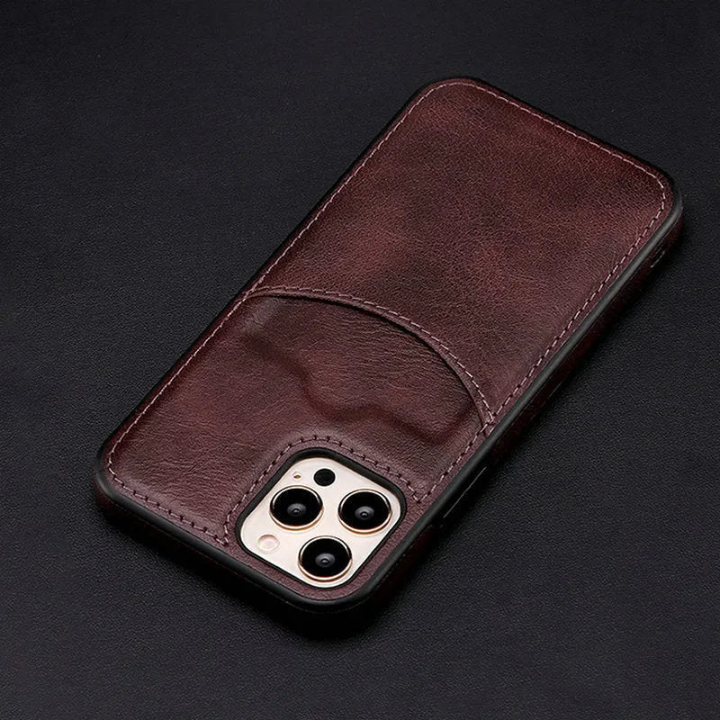 Dark blue PU leather protective phone case for iPhone business smartphones.