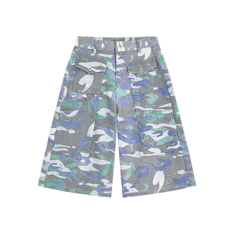 Camouflage colour denim work trousers with cargo pocket, cropped length, straight leg fit