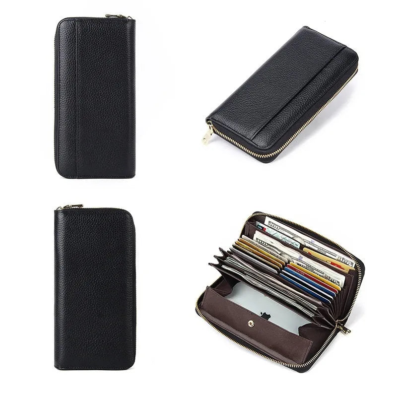 Genuine leather women's long bifold wallet in six colour options showing card slots and anti-theft feature