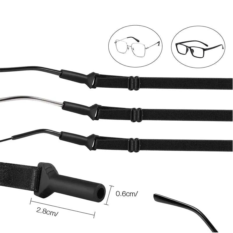 Black adjustable glasses retention cord with silicone temple hooks and fibre rope, shown in adult and children's sizes.