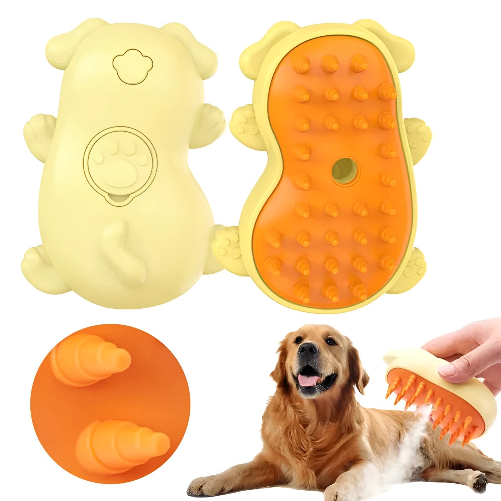 3-in-1 steam pet grooming brush with dog-shaped handle for cats and dogs on a white background.