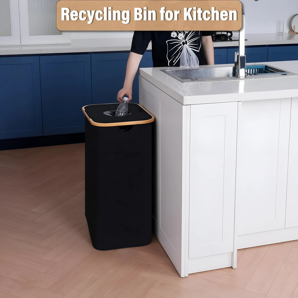 Black bamboo storage basket with removable lid and double inner pockets for recycling organisation