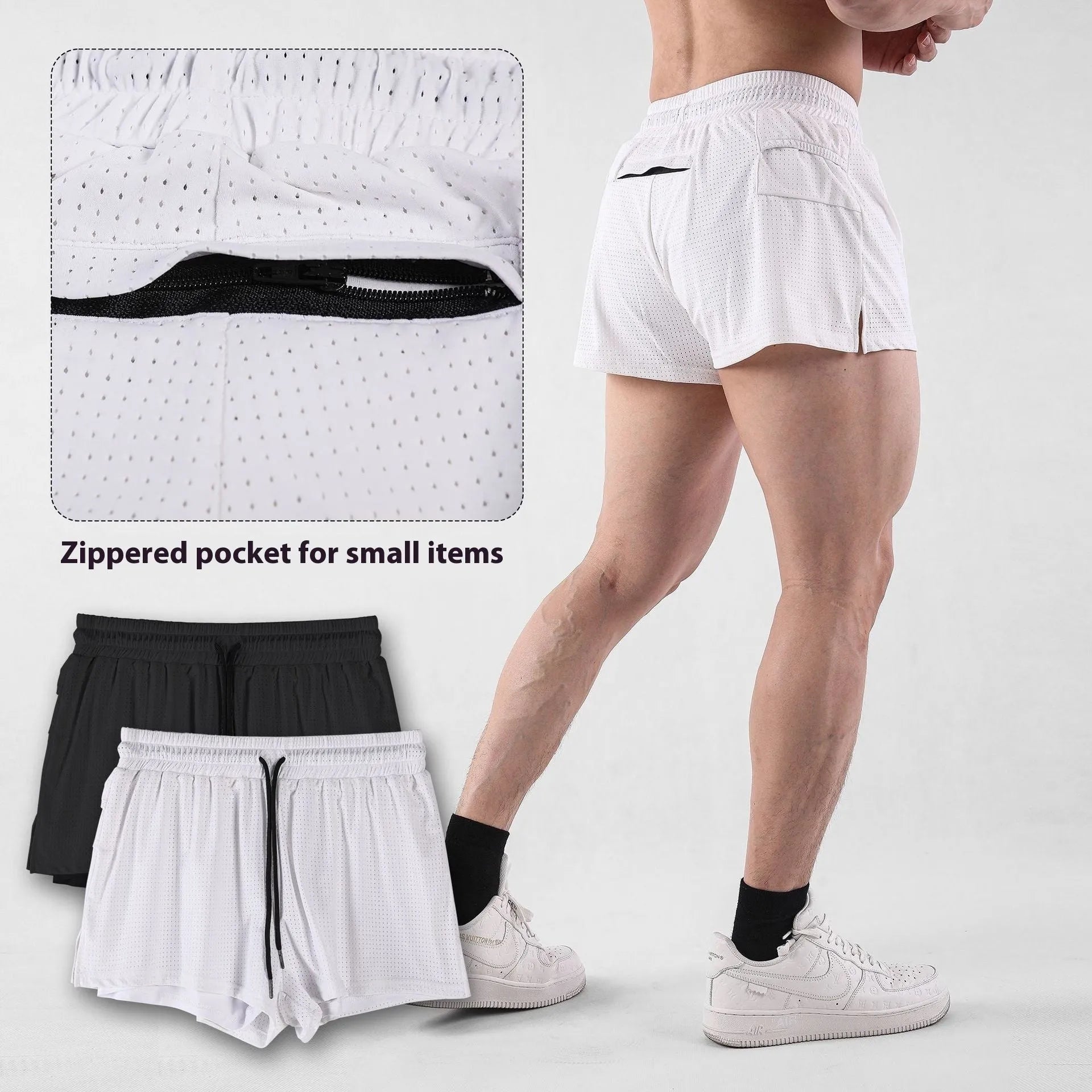 Men's black and white nylon shorts with a mid-waist design for summer sports.