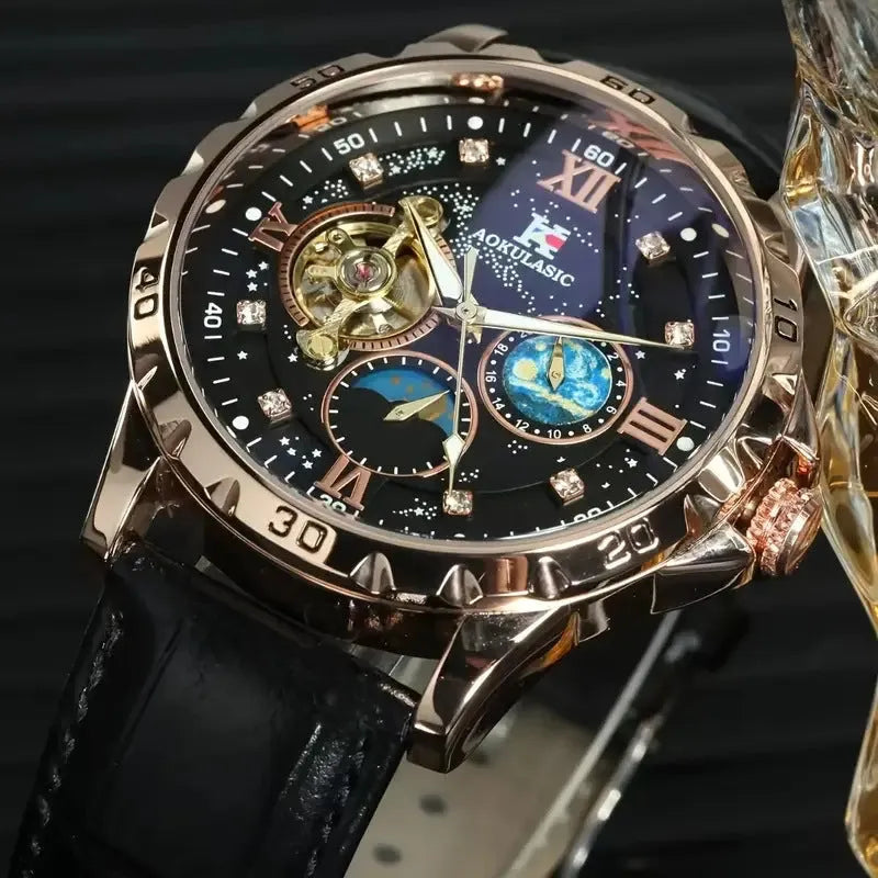 Men's black and rose gold automatic mechanical watch with large hollow dial and genuine leather strap