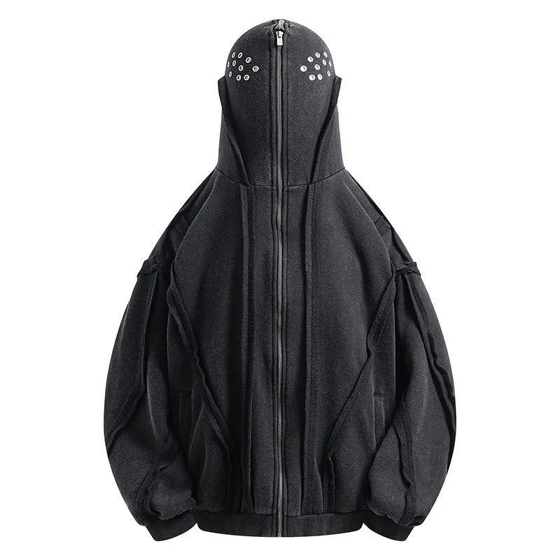 Black men's cotton hooded cardigan coat with abstract pattern and zip front