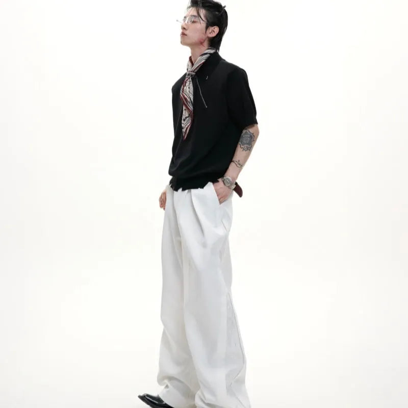 Black slim-fit knitted polo shirt for men with an oblique front zipper and lapel collar.