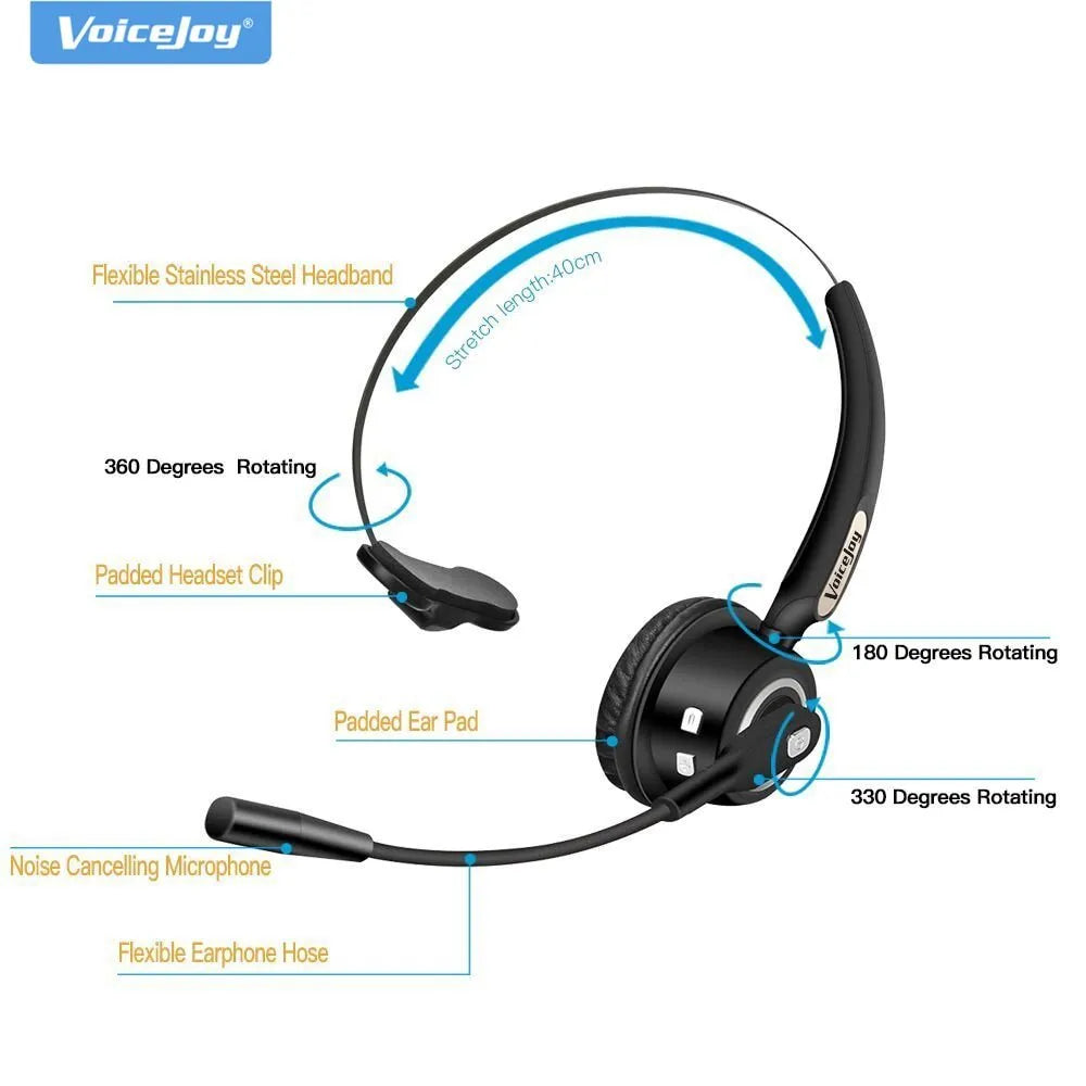 Bluetooth over-ear headset with microphone for truck drivers and office use with noise cancellation